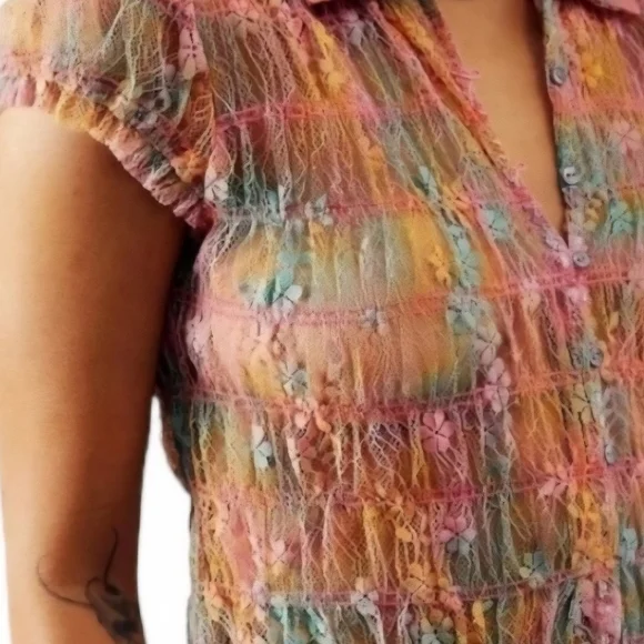 Free People Julie Printed Sheer Lace Mesh Smocked Top Tropical Sunset‎  Combo - Picture 4 of 14